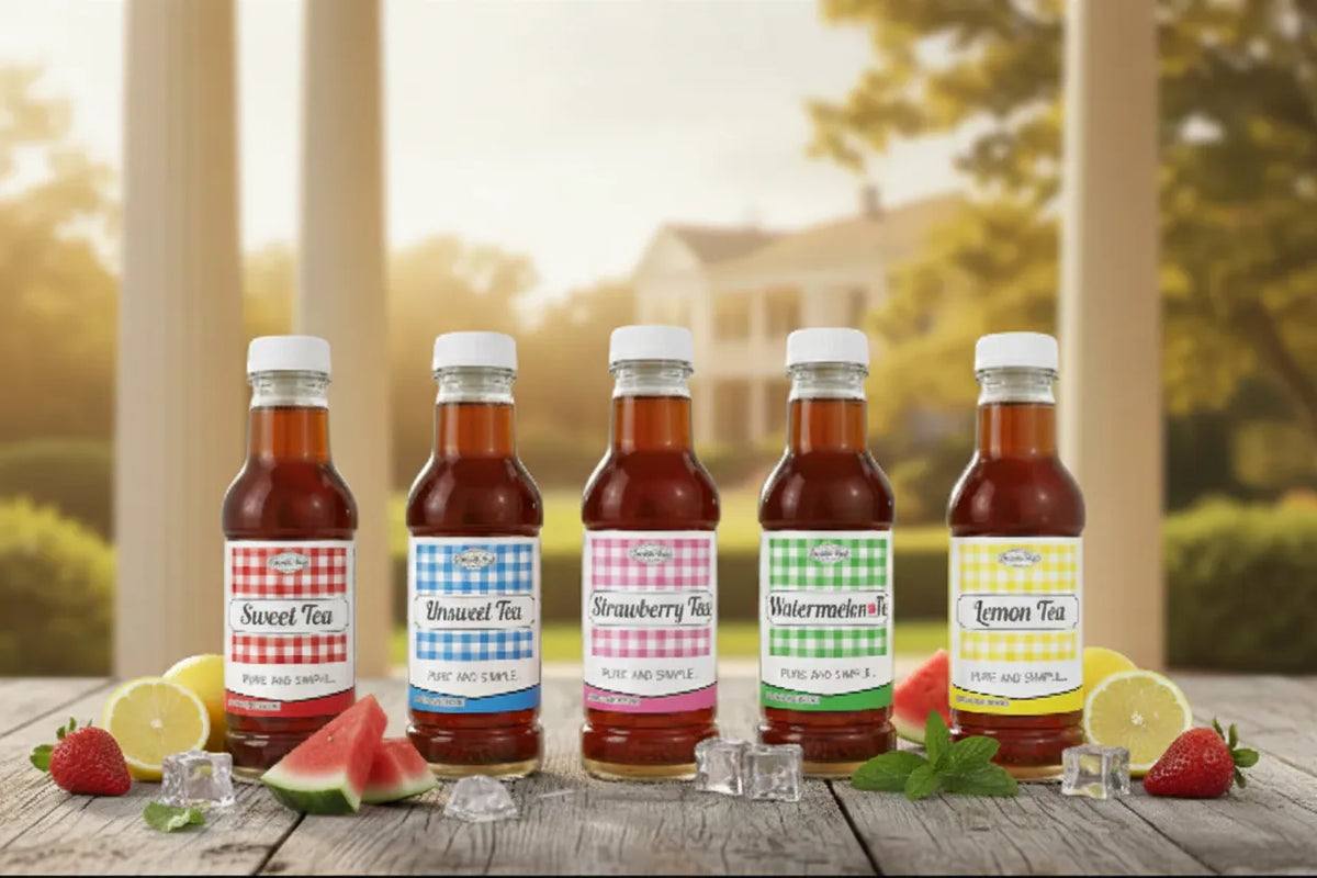 Bottles of sweet tea flavors with fresh fruit and ice on a wooden table.