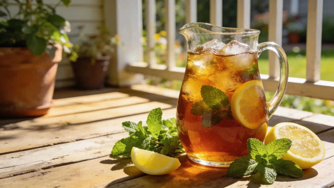 Refreshing pitcher of authentic Southern sweet tea with lemon and mint, showcasing Southern hospitality