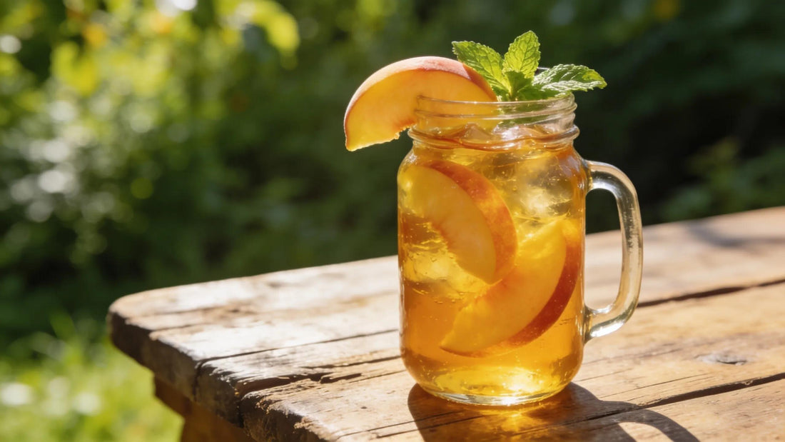 Refreshing peach sweet tea served in a mason jar with peach slices and mint in a sunny outdoor setting