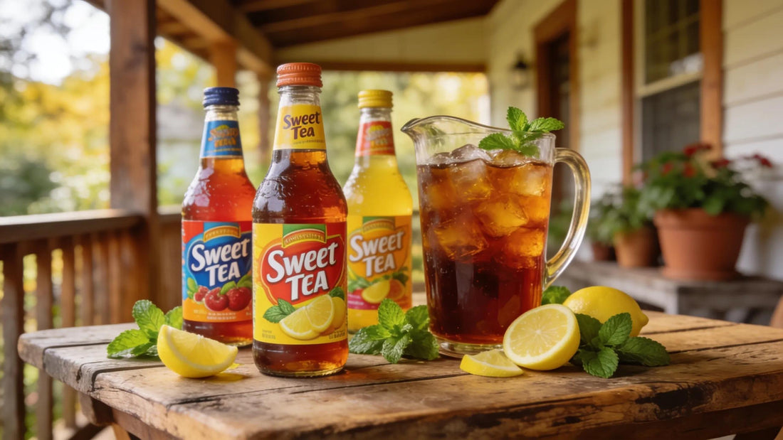 Selection of store-bought sweet tea brands displayed with a pitcher on a rustic table, evoking Southern hospitality