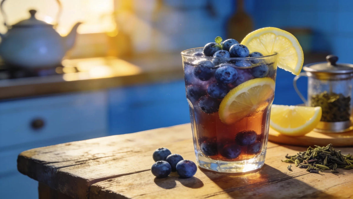 Freshly brewed blueberry sweet tea with wild blueberries and lemon in a cozy kitchen setting