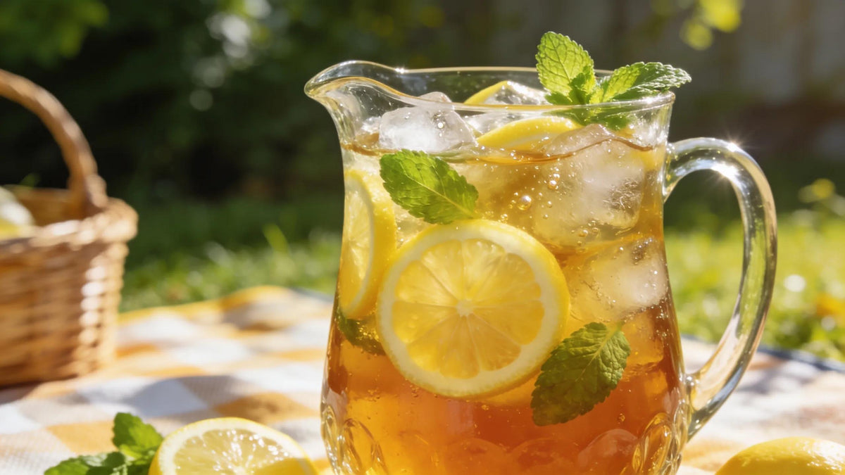 Image depicting a refreshing pitcher of lemon sweet tea garnished with mint and lemon slices, set in a bright outdoor picnic environment