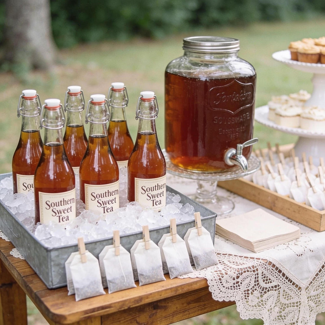 Bottles of Southern sweet tea in a metal tray with ice, cookies on a table.