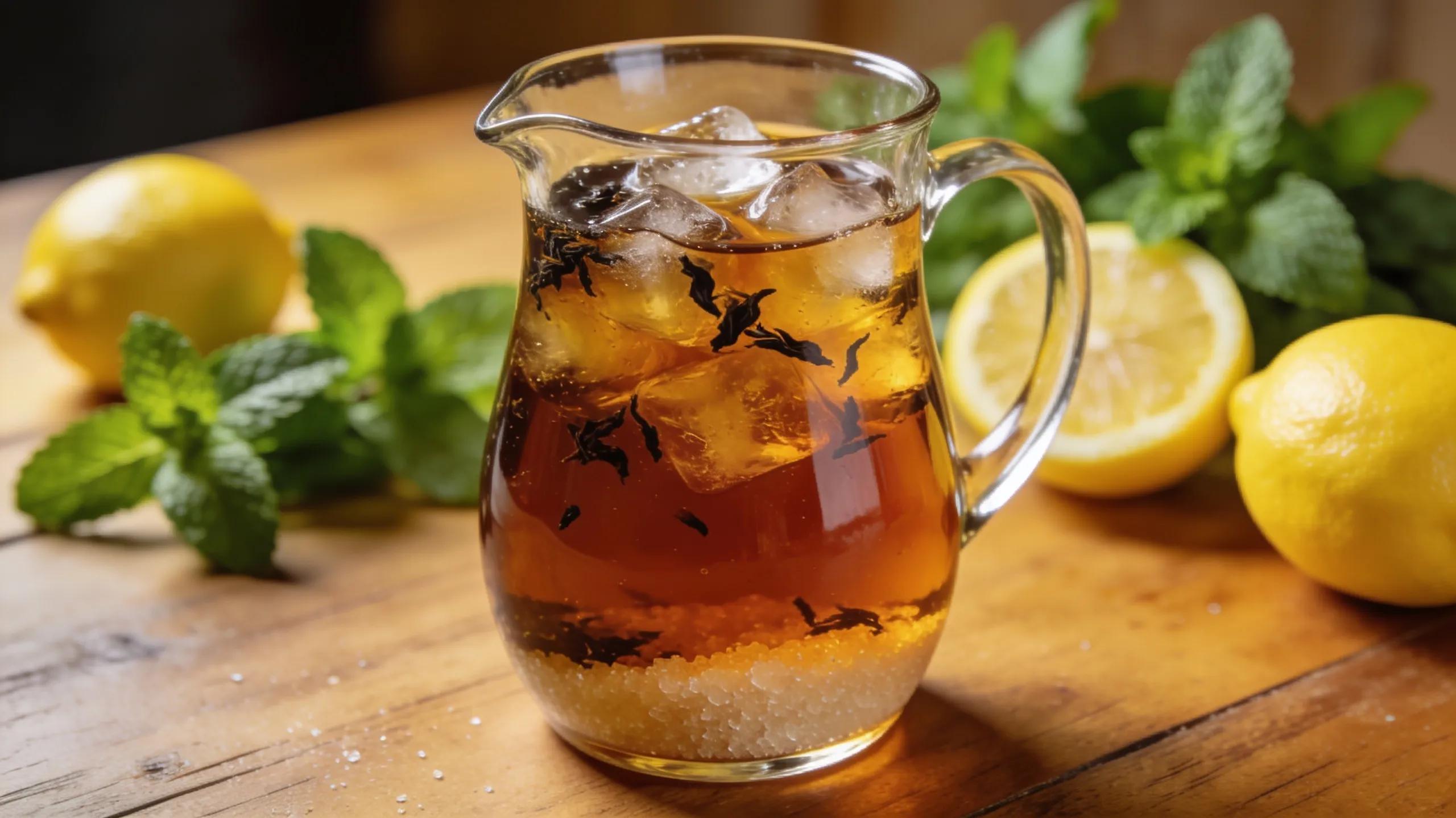 Southern sweet tea in a glass pitcher with ice and lemons, showcasing real-brewed black tea and pure cane sugar.