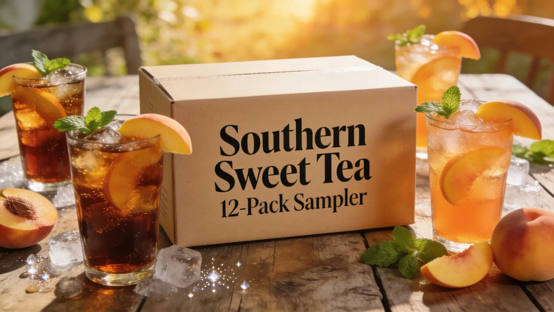Southern Sweet Tea 12-Pack Sampler Box with iced tea glasses and fresh peaches