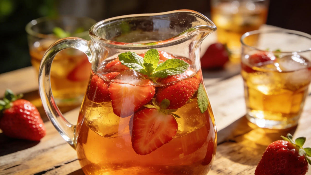 Pitcher of strawberry sweet tea with fresh strawberries and mint on a rustic table