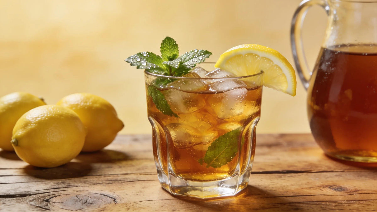 Bourbon Sweet Tea Cocktail in a double old fashioned glass with ice, lemon garnish, and fresh mint, representing Southern hospitality