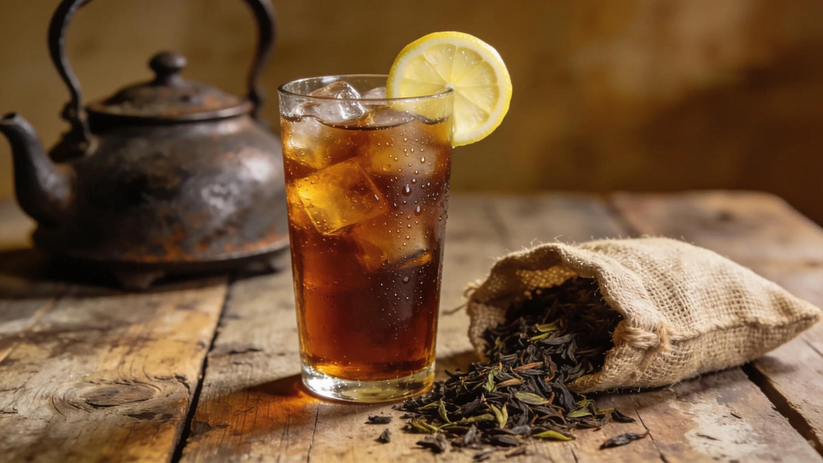 Refreshing unsweetened Southern black tea in a glass with ice and lemon on a rustic table
