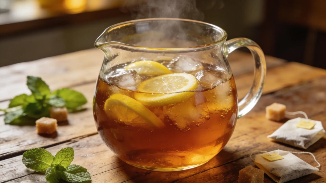 Southern Sweet Tea pitcher with ice, lemon slices, and mint leaves