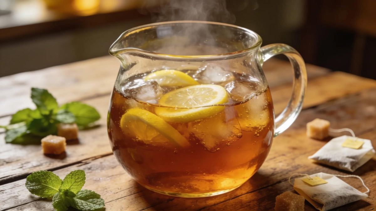 Southern Sweet Tea pitcher with ice, lemon slices, and mint leaves