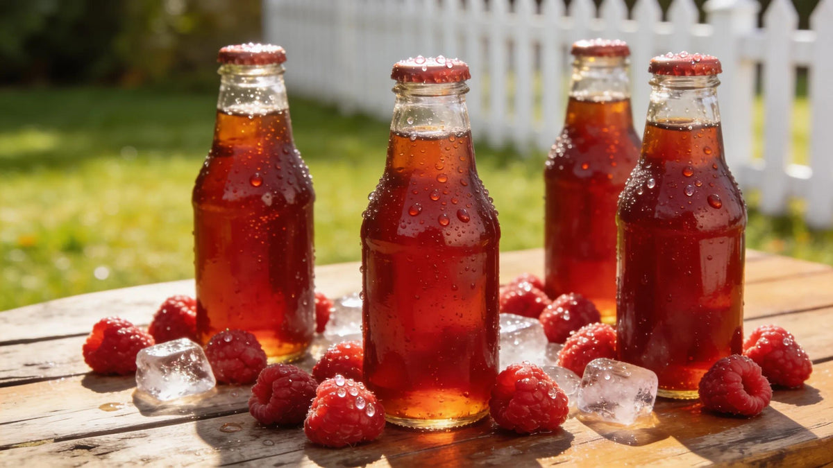 Bottles of raspberry sweet tea with fresh raspberries and ice on a wooden table.