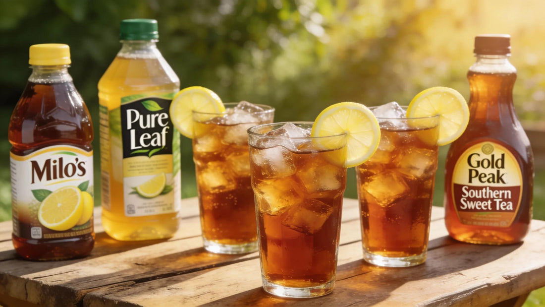 Variety of sweet tea brands displayed with glasses of iced tea, garnished with lemon in a warm, inviting outdoor setting
