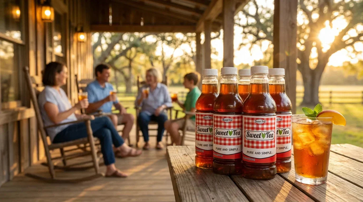 Southern Sweet Tea Company bottles on a porch with family gathering in the background