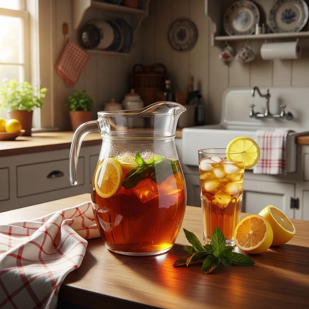 A pitcher of Southern sweet tea with lemon and mint in a cozy kitchen setting