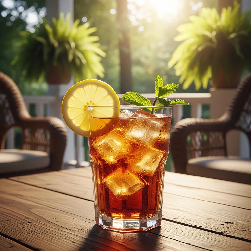A refreshing glass of real brewed sweet tea with lemon and mint on a rustic table, embodying Southern hospitality