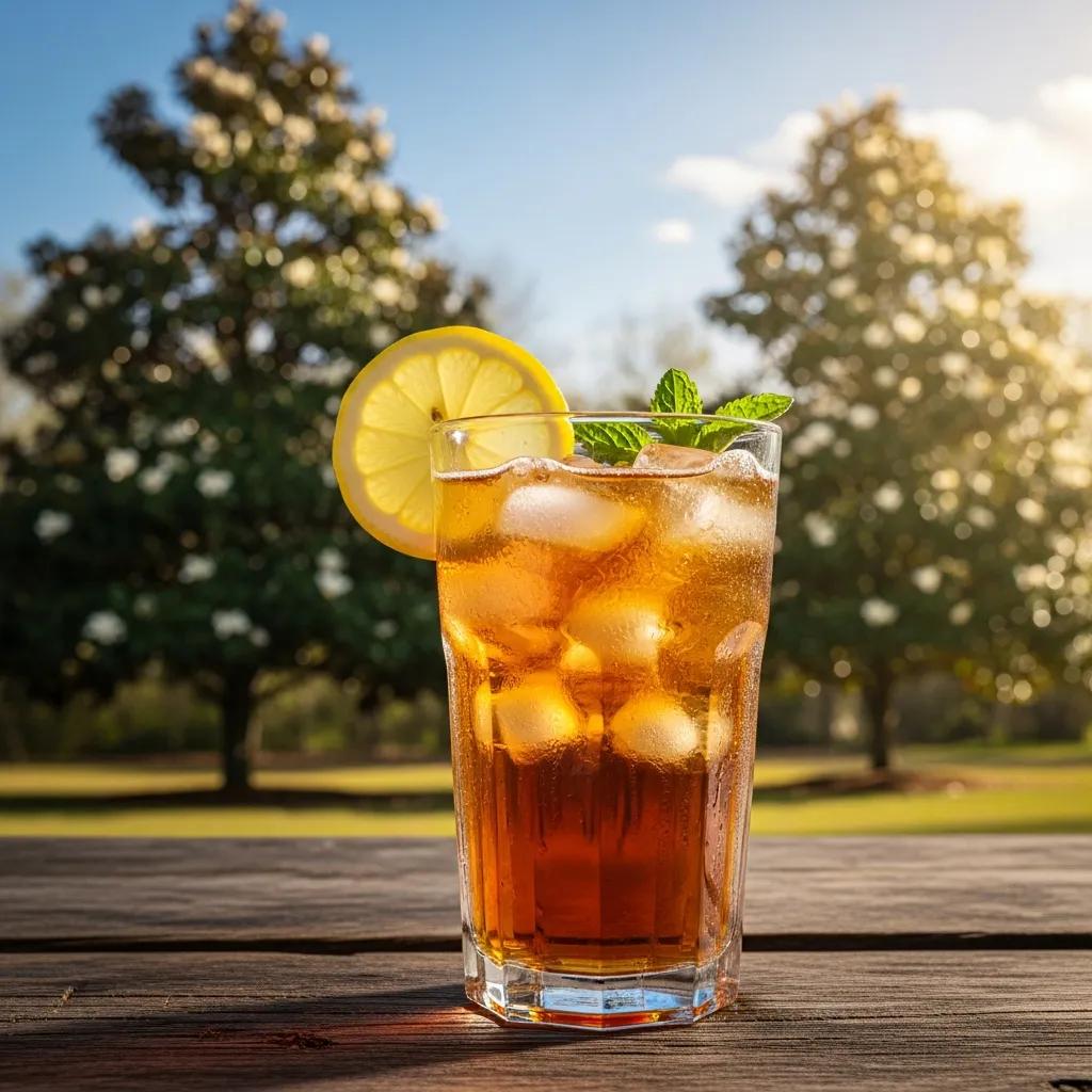 A refreshing glass of Southern sweet tea with lemon and mint, set against a sunny Southern landscape