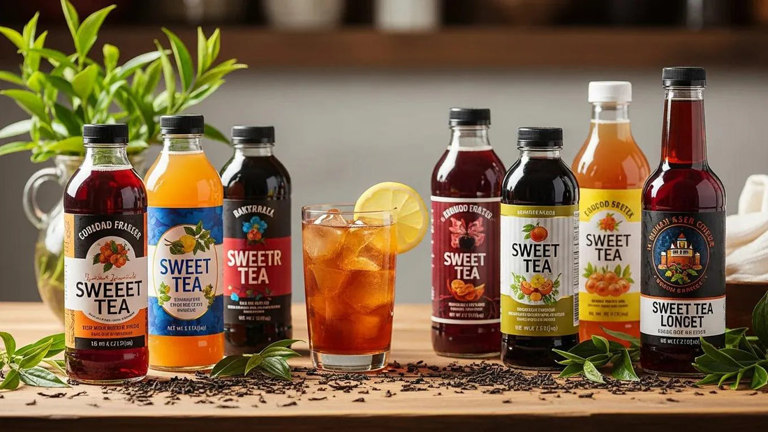 Assorted bottled sweet tea brands on a wooden table with fresh tea leaves and a glass of iced tea