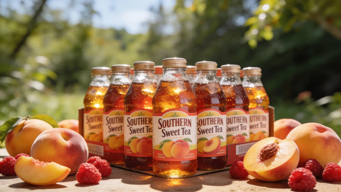 Premium bottled iced tea assortment showcasing Southern Sweet Tea's flavors in a summer outdoor setting