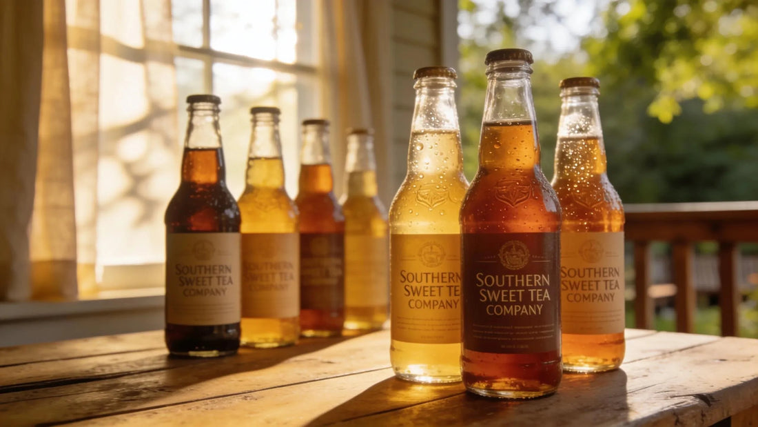 Assorted premium bottled sweet tea products displayed on a rustic table
