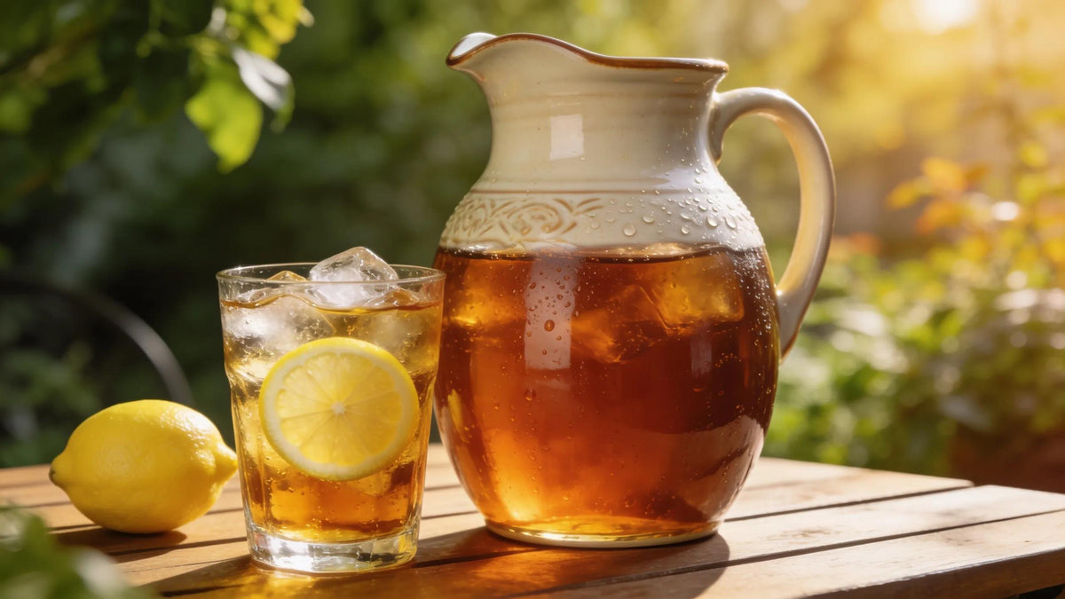 Freshly brewed sweet tea pitcher and glass with lemon in a sunny outdoor setting