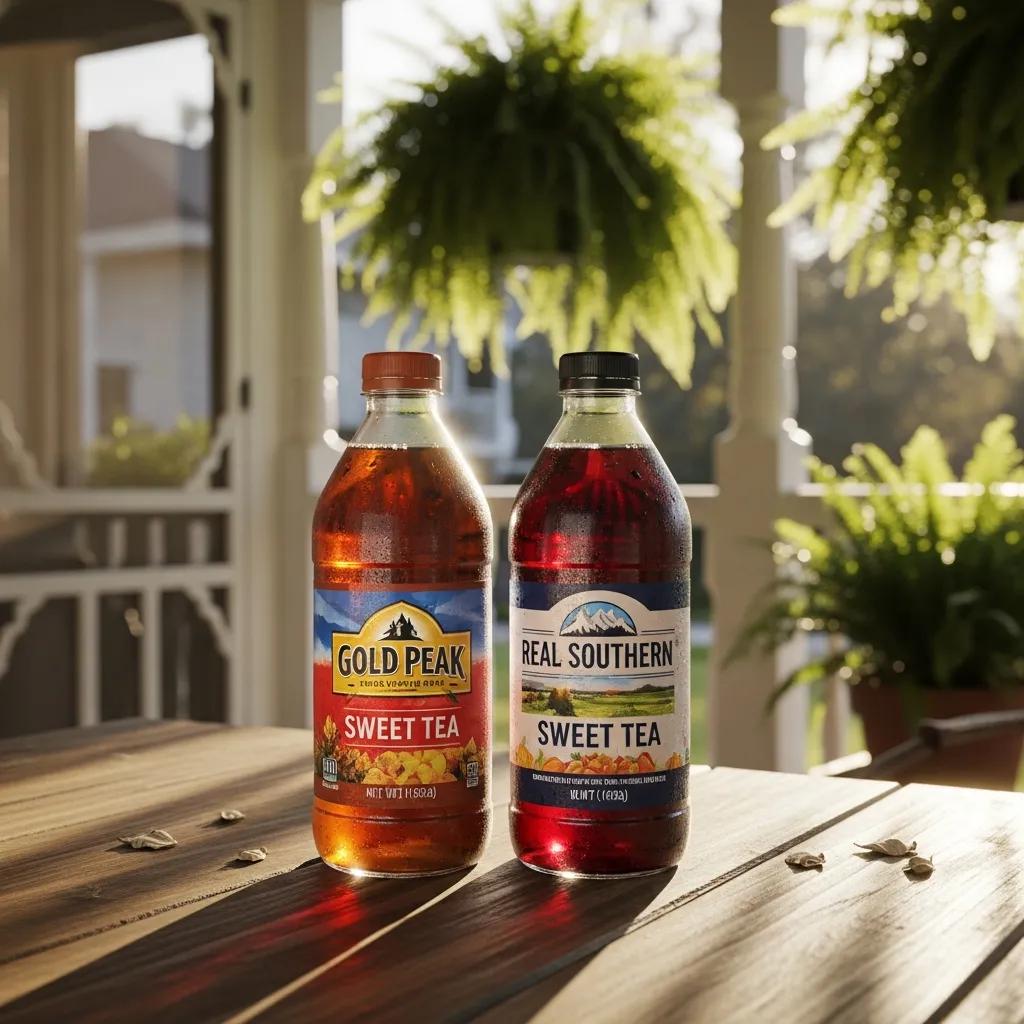 Comparison of Gold Peak and Real Southern Sweet Tea bottles on a rustic table, highlighting Southern hospitality