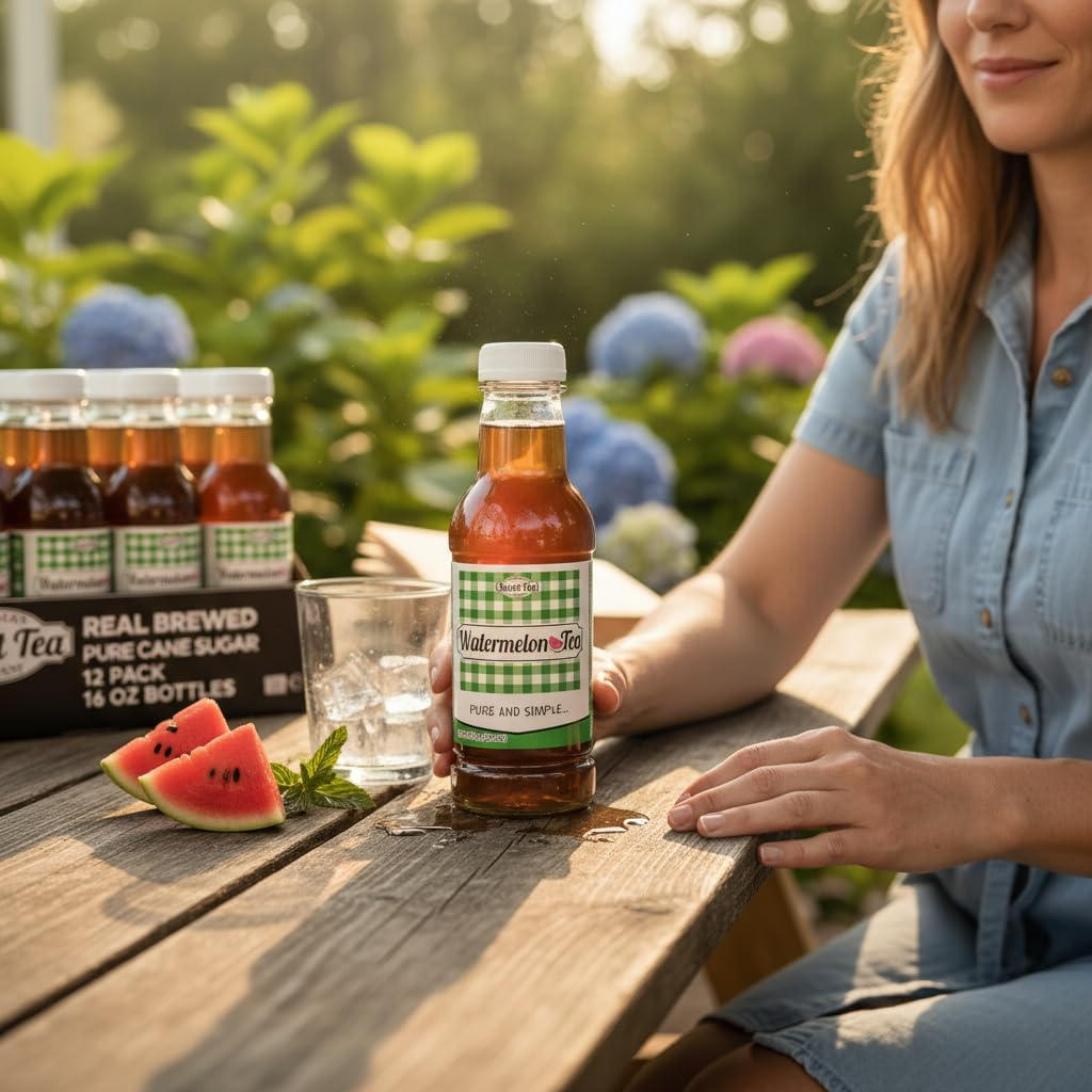 Woman holding a bottle of watermelon tea near sliced watermelon on a wooden table.