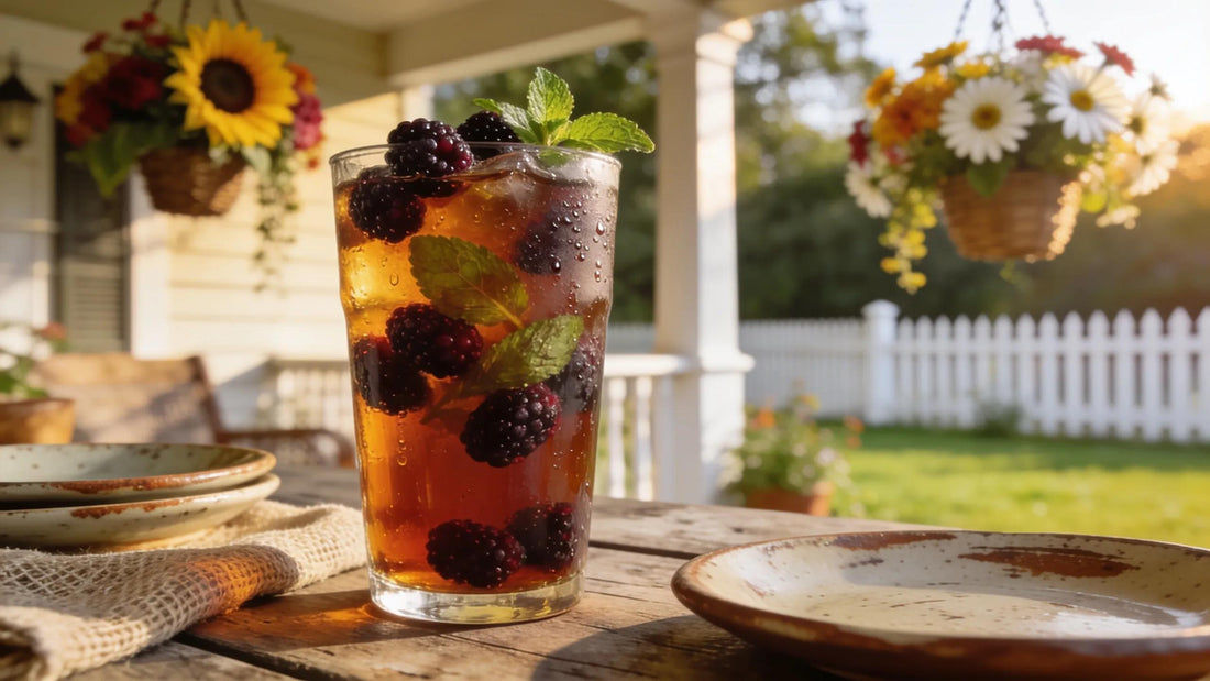 Delicious blackberry sweet tea with fresh blackberries and mint in a Southern setting