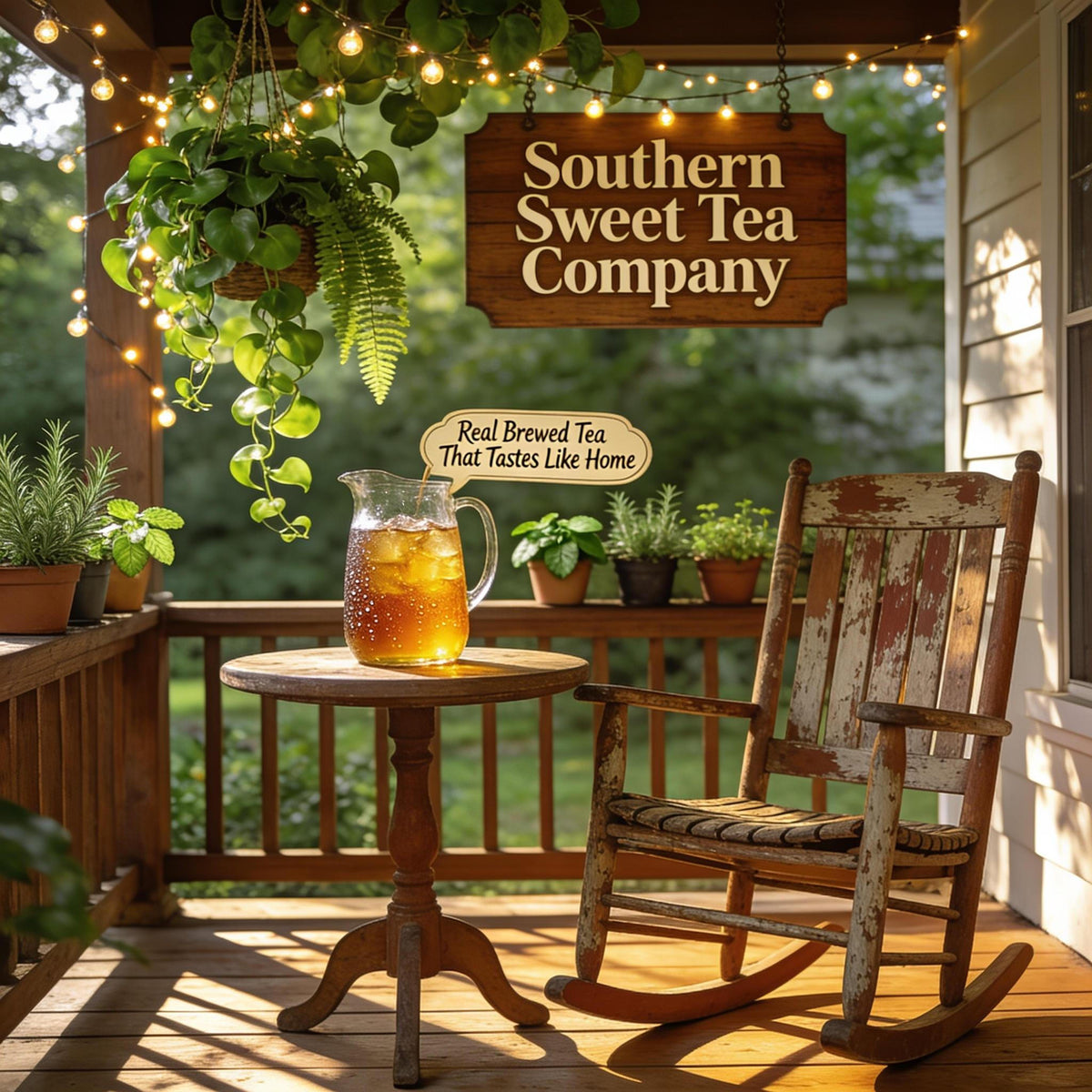 A porch with a wooden rocking chair, potted plants, and a pitcher of iced tea.