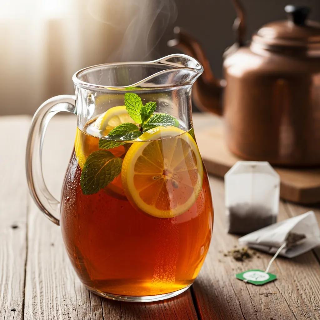 Freshly brewed Southern sweet tea in a glass pitcher with mint and lemon, showcasing the art of home brewing