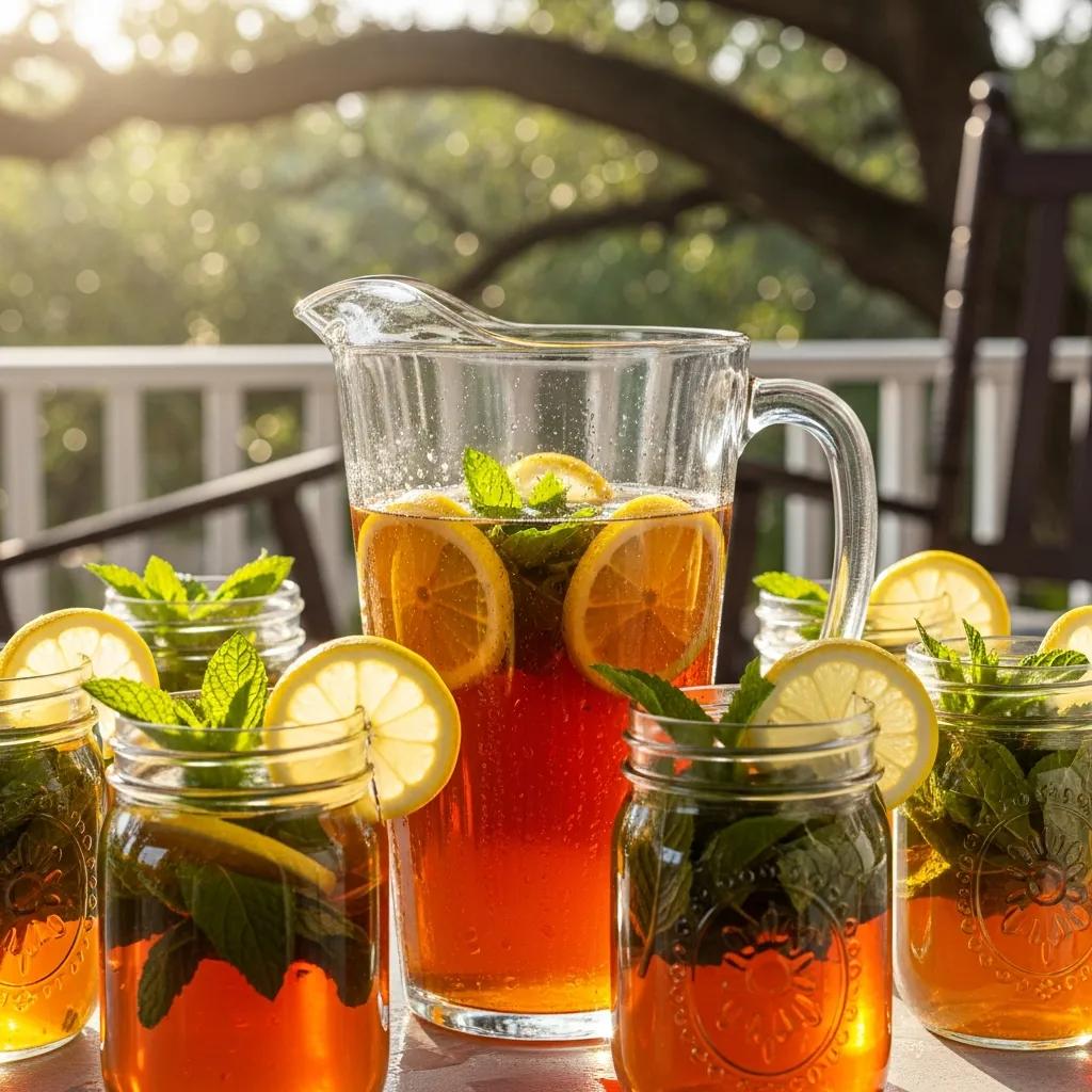 Freshly brewed sweet tea in a pitcher with mason jars, garnished with mint and lemon, evoking Southern hospitality