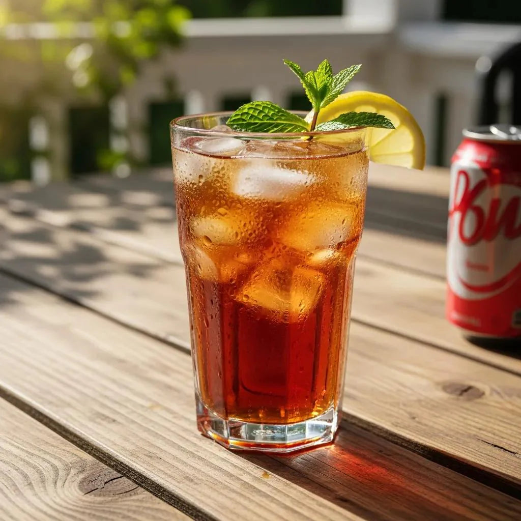 Freshly brewed sweet tea with lemon and mint next to a can of soda, highlighting beverage comparison