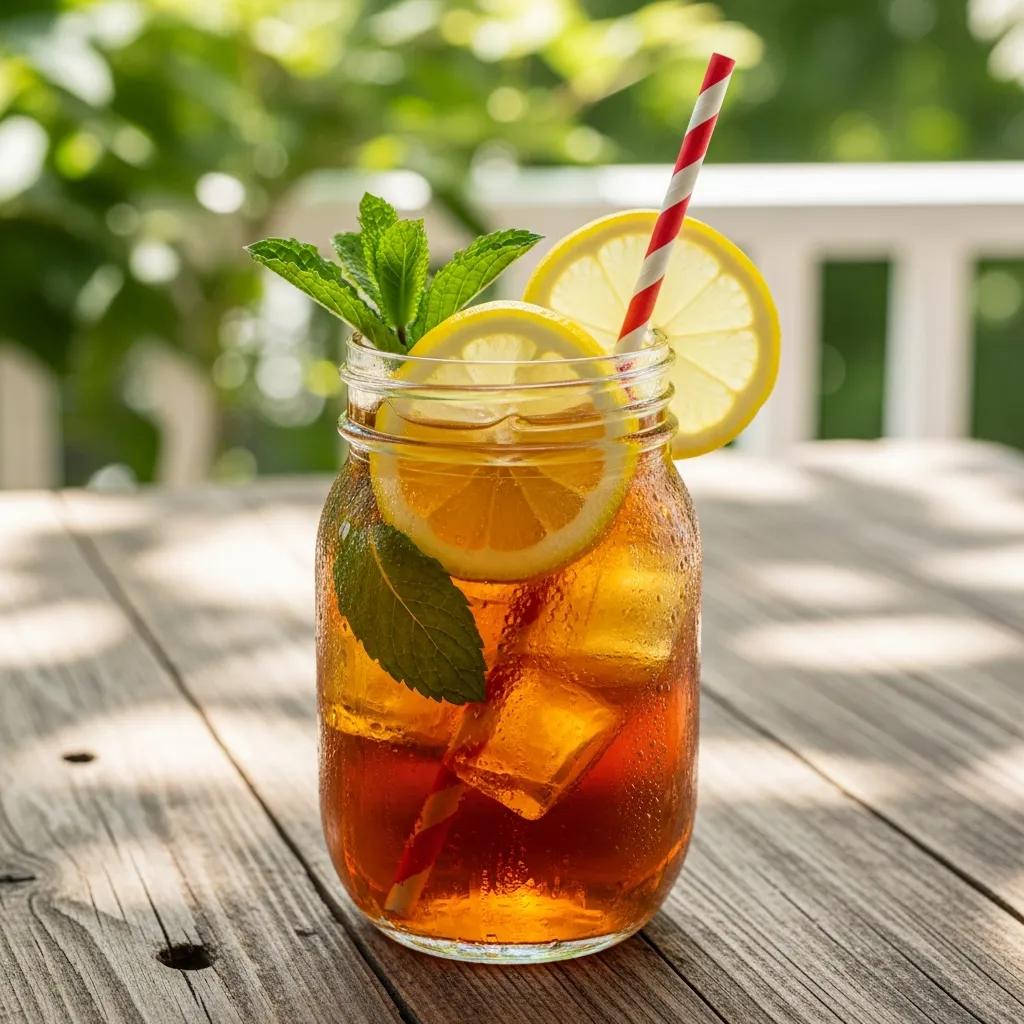 Glass of Southern sweet tea in a mason jar with mint and lemon, showcasing Southern hospitality