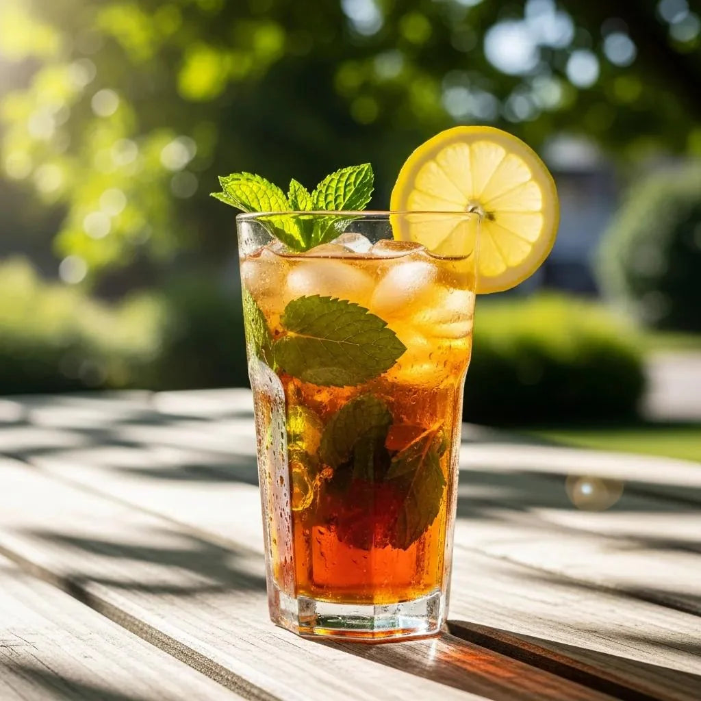 Glass of Southern sweet tea with mint and lemon on a rustic table