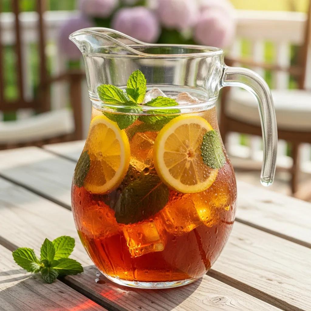 Pitcher of classic Southern sweet tea with ice, mint, and lemon in a sunny outdoor setting