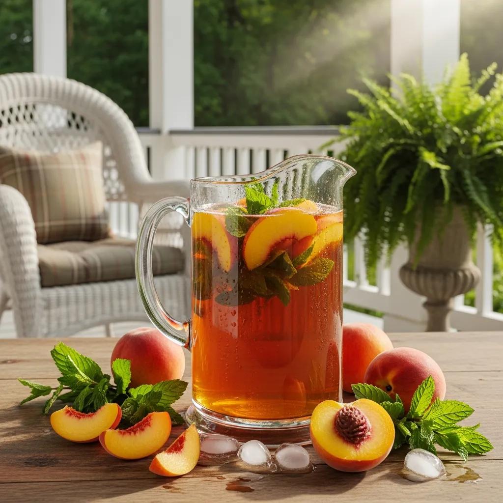 Pitcher of Peach Sweet Tea with Georgia peaches on a Southern porch