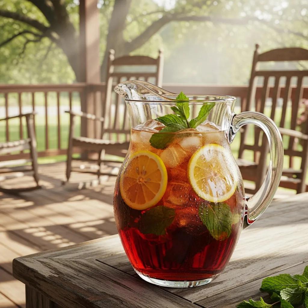 Pitcher of Southern style iced tea with lemon and mint on a rustic porch, embodying Southern hospitality