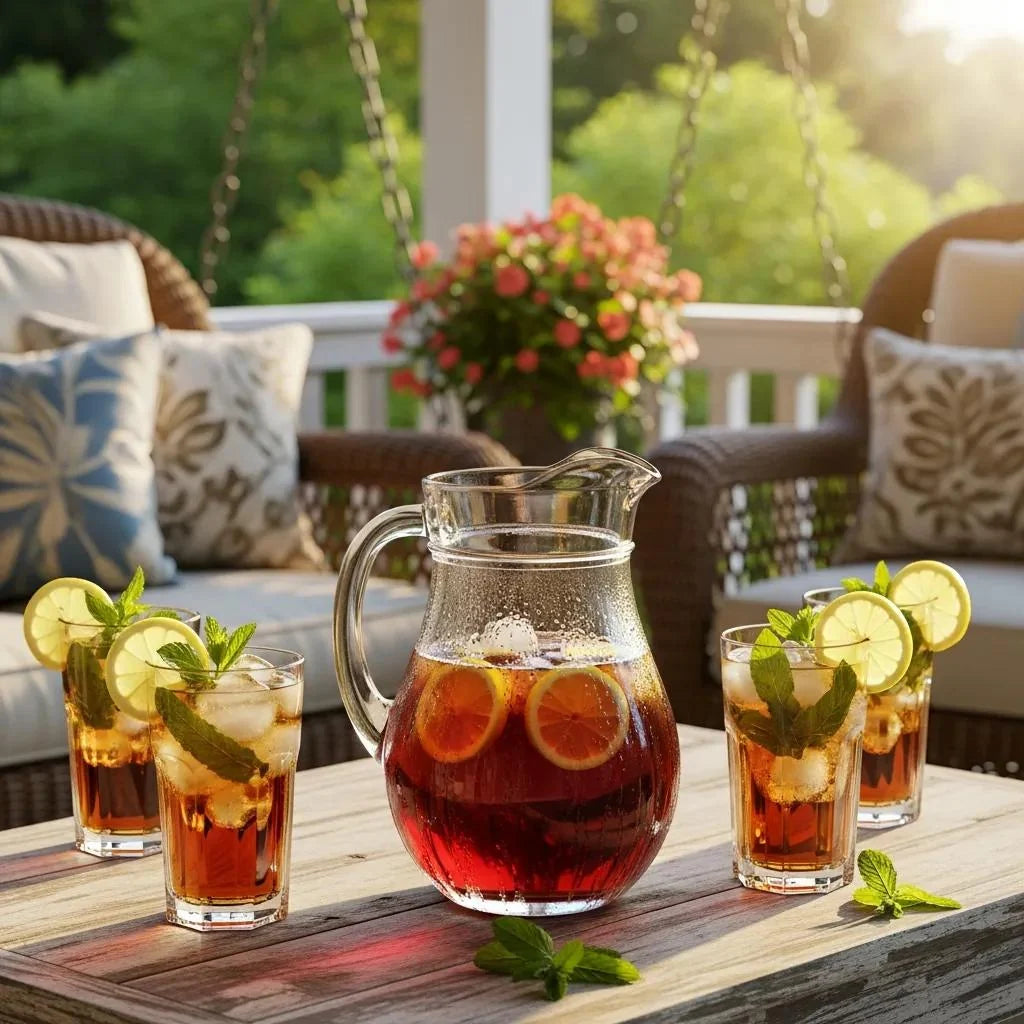 Pitcher of Southern sweet tea with glasses on a porch, symbolizing Southern hospitality