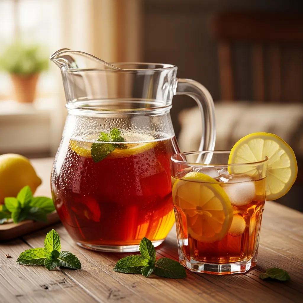 Pitcher of Southern sweet tea with ice and lemon slice on a rustic table