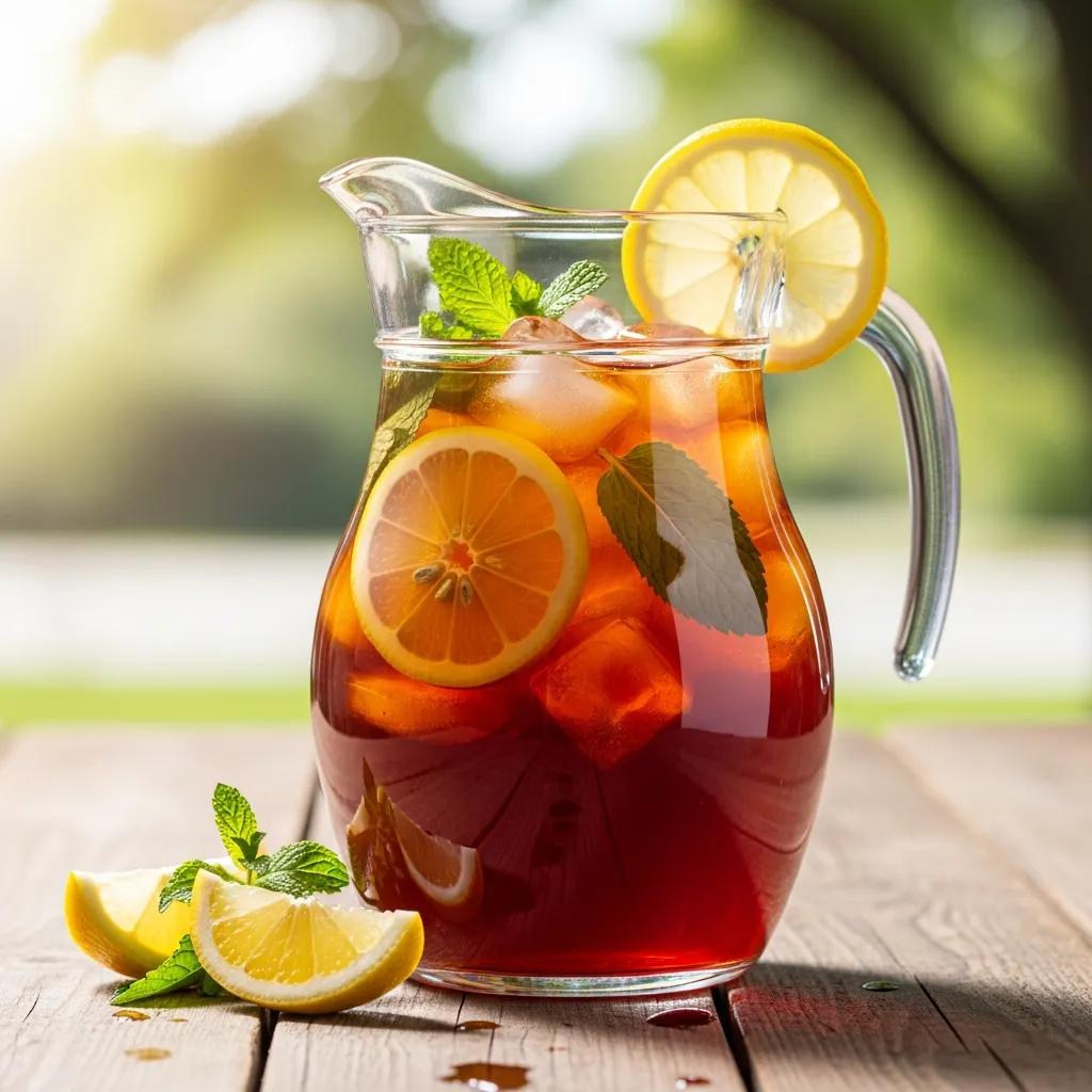 Pitcher of Southern sweet tea with ice, lemon slices, and mint in a sunny outdoor setting