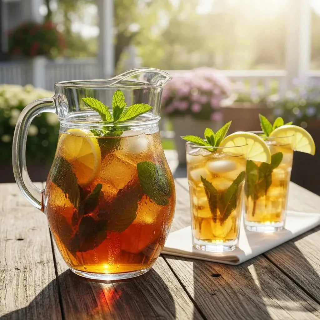 Pitcher of Southern sweet tea with ice, mint, and lemon in a sunny outdoor setting