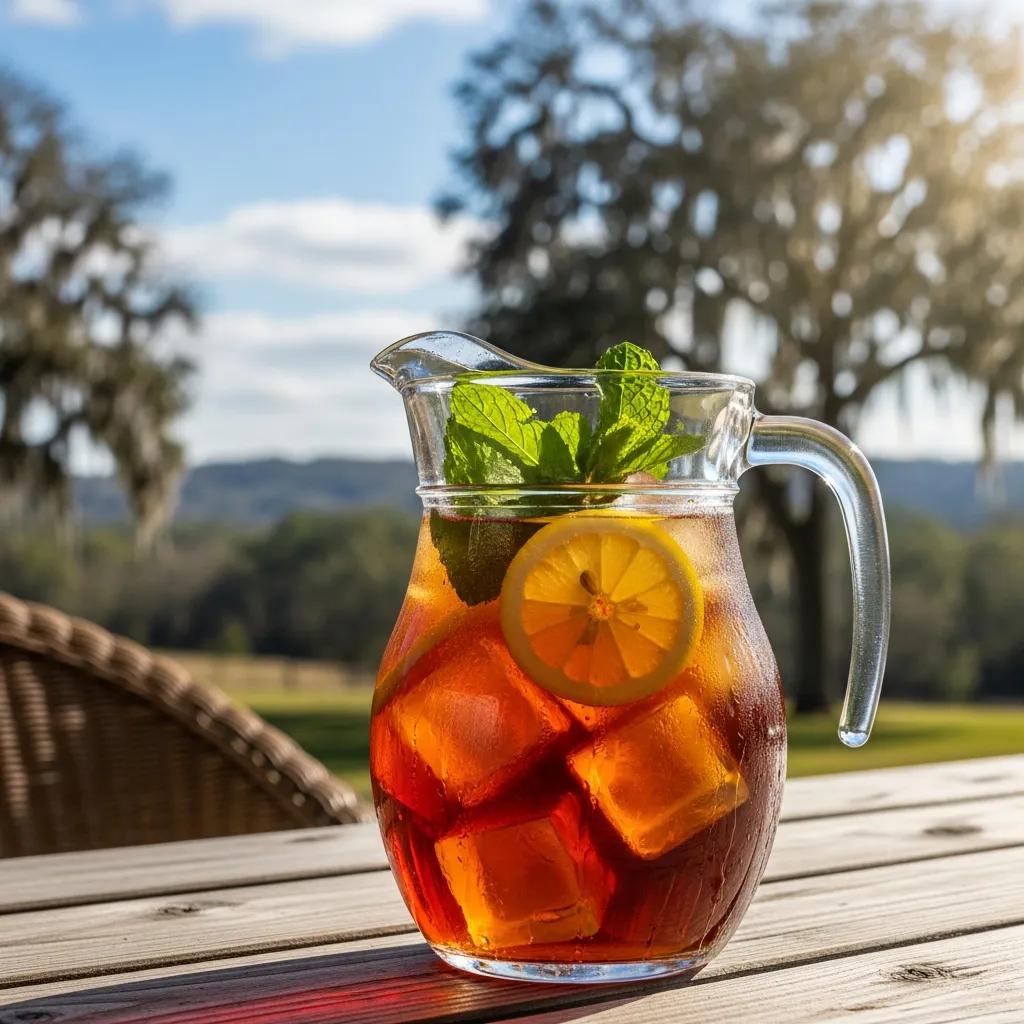 Pitcher of Southern sweet tea with ice, mint, and lemon on a rustic table