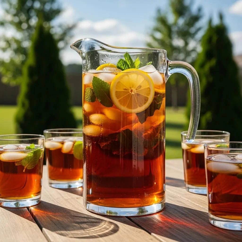 Pitcher of Southern sweet tea with lemon and mint on a sunny outdoor table