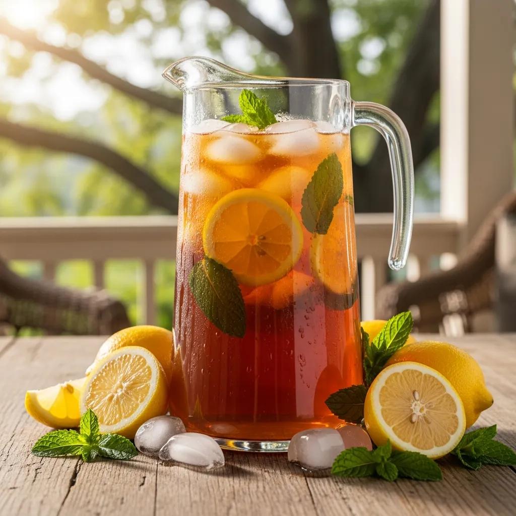 Pitcher of Southern sweet tea with lemons and mint on a rustic table, embodying Southern hospitality