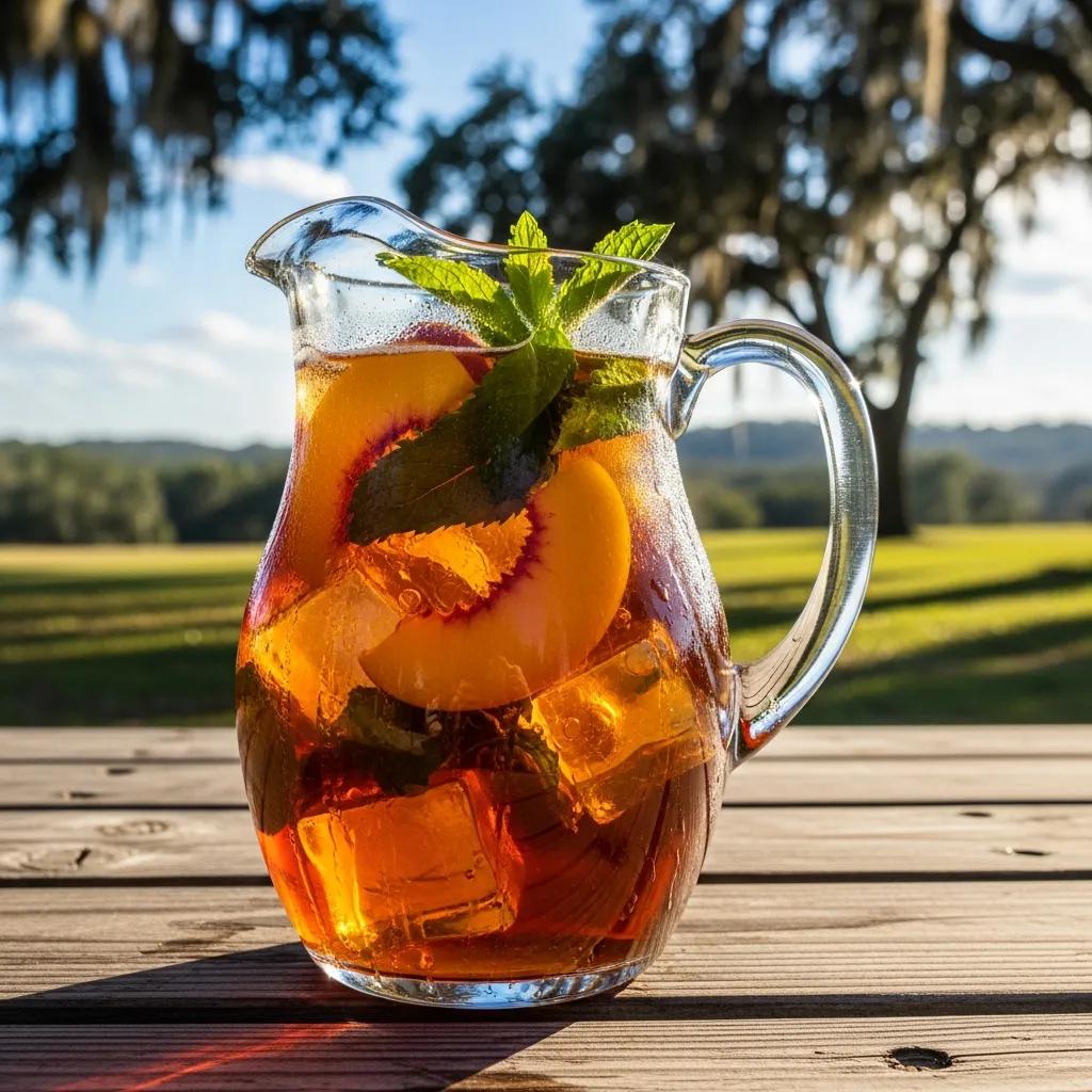 Pitcher of Southern sweet tea with peach slices and mint on a rustic table