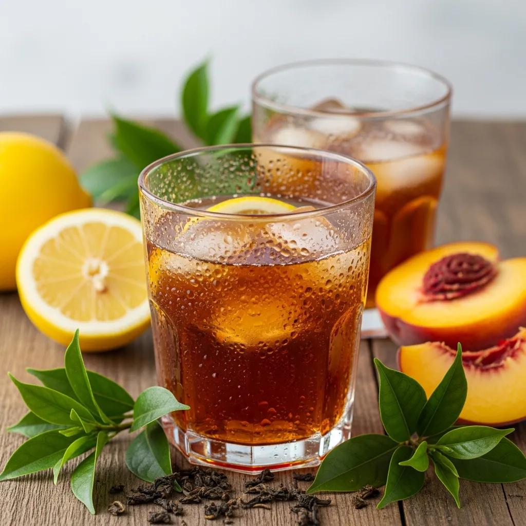 Real brewed iced tea with fresh fruit and tea leaves, highlighting authentic ingredients
