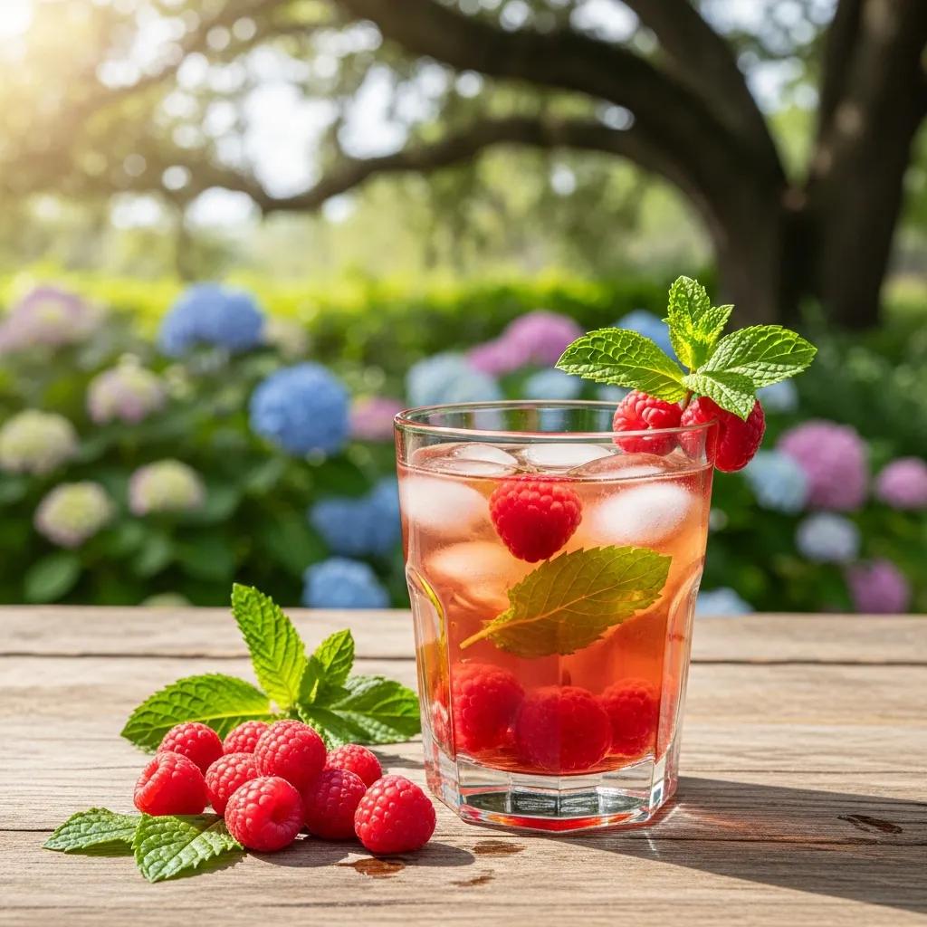 Refreshing glass of raspberry sweet tea with fresh raspberries and mint in a sunny Southern garden