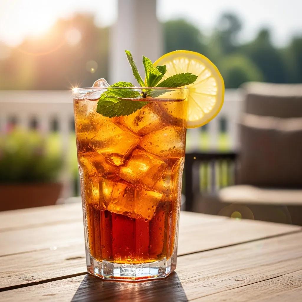 Refreshing glass of real brewed iced tea with mint and lemon in a sunny outdoor setting