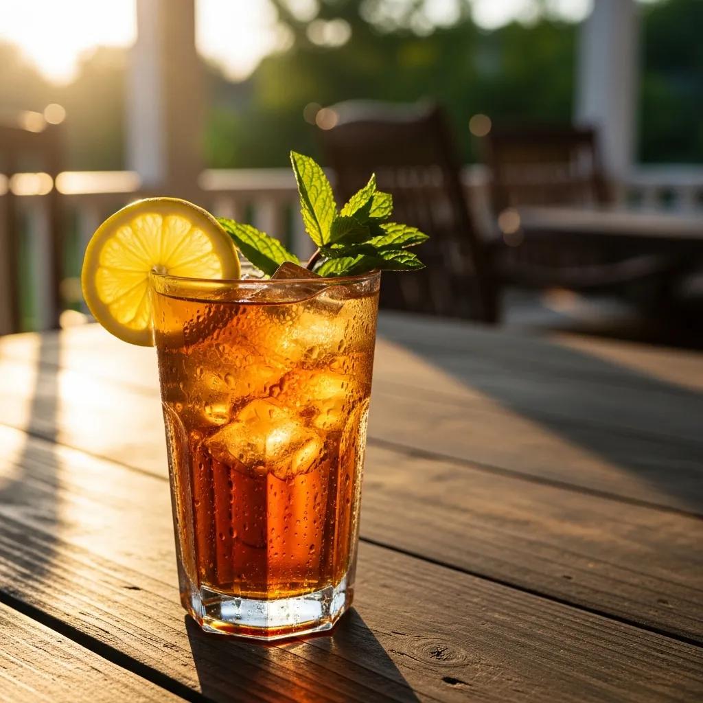 Refreshing glass of Southern sweet tea with lemon and mint in a sunny outdoor setting