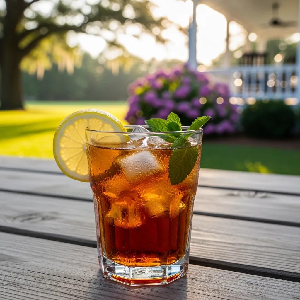Refreshing glass of Southern Sweet Tea with lemon and mint in a sunny outdoor setting