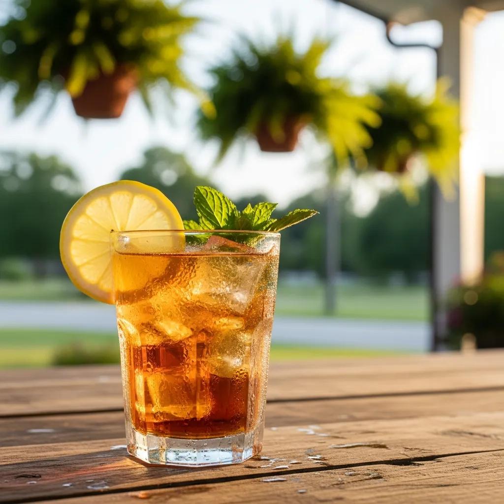 Refreshing glass of sweet tea with lemon and mint on a rustic table, symbolizing Southern hospitality